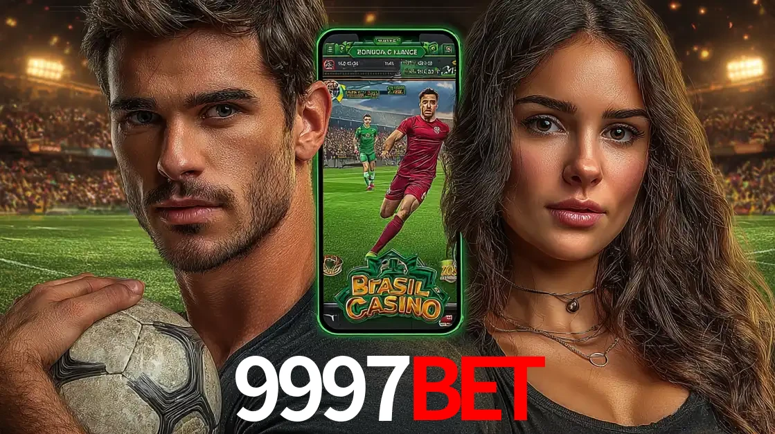 Homem segurando uma bola de futebol e uma mulher ao lado de um smartphone exibindo o jogo de apostas esportivas da 9997BET. Faça seu palpite no cassino online.